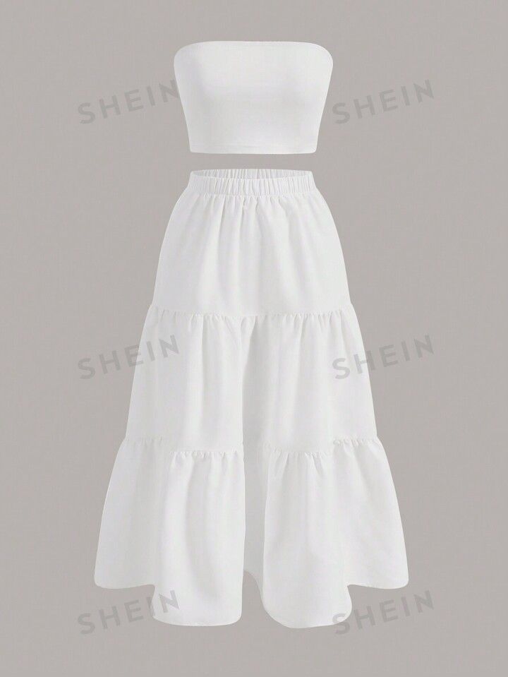 SHEIN Qutie Solid Tube Top & Ruffle Hem Skirt | SHEIN