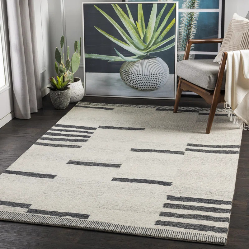 Uptown Striped Handmade Tufted Wool Cream/Black Area Rug | AllModern