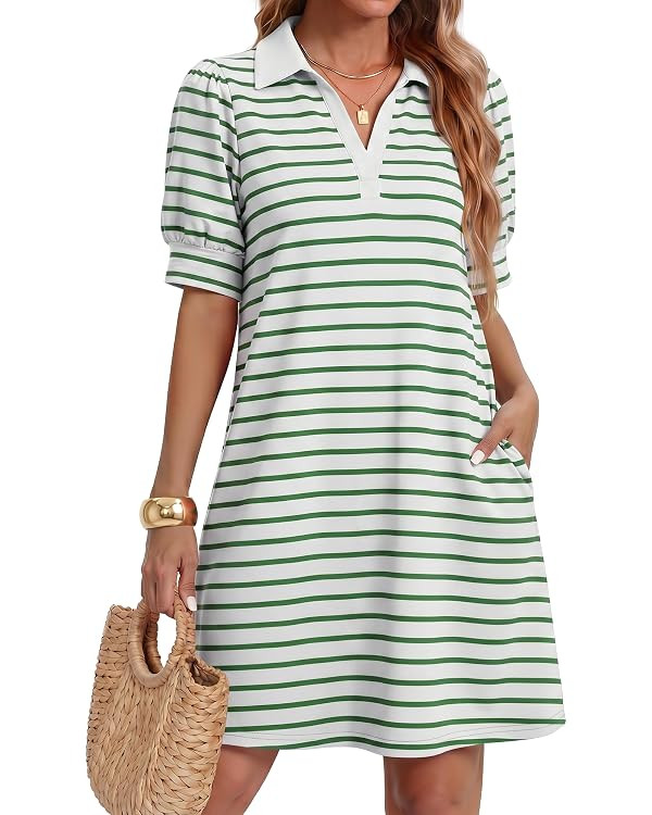ZESICA Womens Summer Striped T Shirt Mini Dresses 2026 Casual Lapel V Neck Short Sleeve Flowy A L... | Amazon (US)