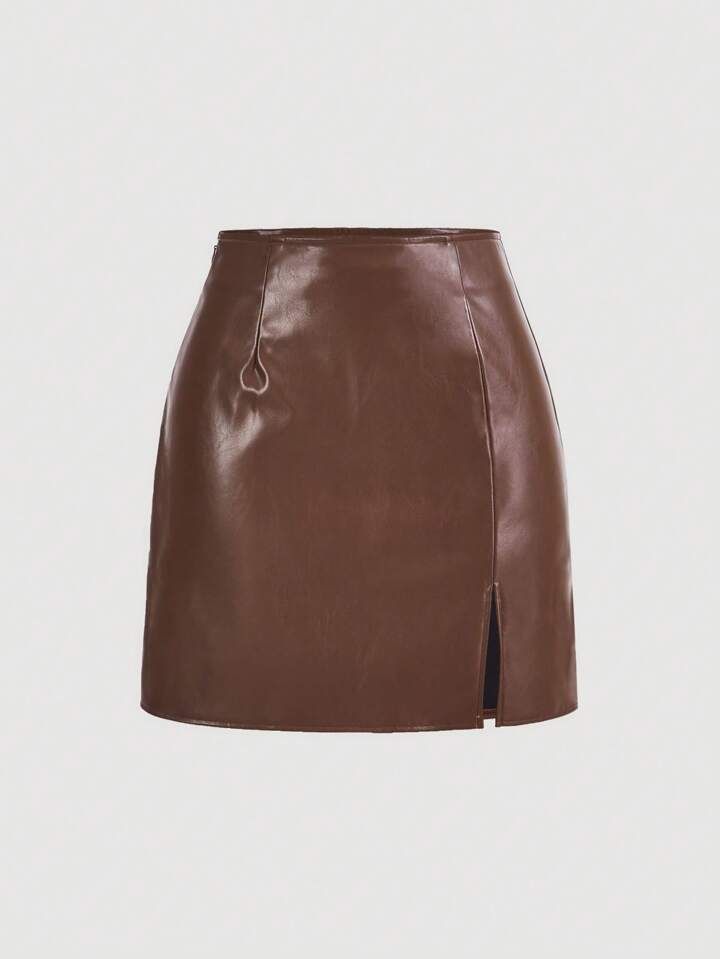 SHEIN ICON Split Hem PU Leather Skirt | SHEIN