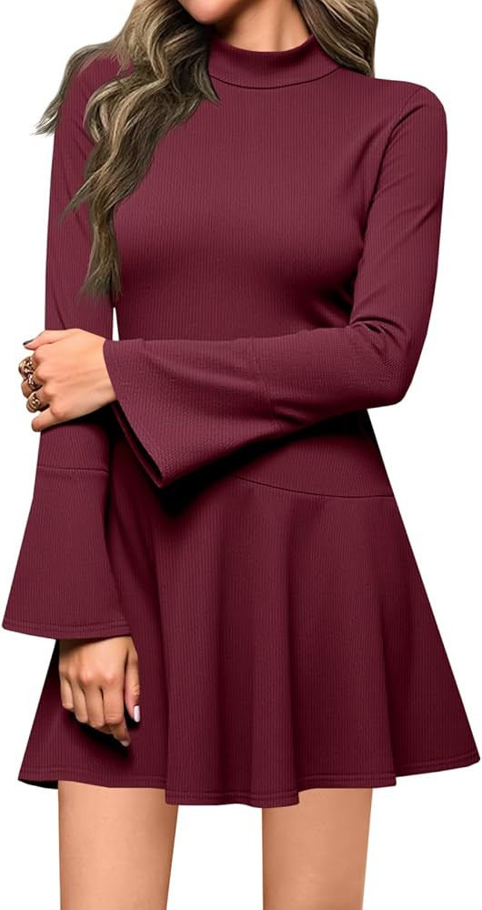 Wenrine Womens Long Bell Sleeve Mini Dress Casual Mock Neck Ruffle Hem Slim Fit Fall Knit Dresses | Amazon (US)