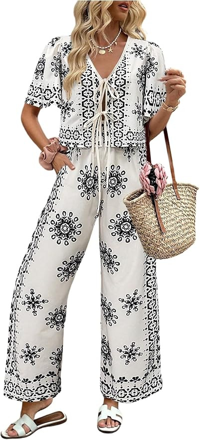 WDIRARA Women's Boho Floral 2 Piece Palazzo Pants Set Short Sleeve Tie Front Blouse Wide Leg Pant... | Amazon (US)