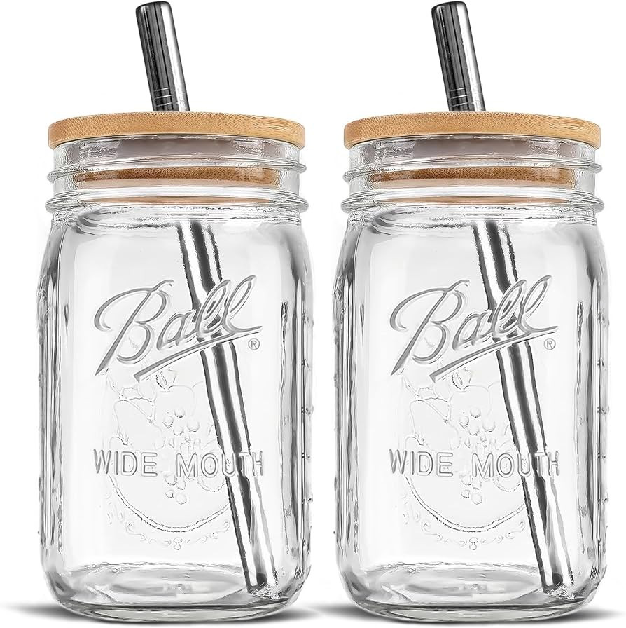 Reusable Boba Glass Cups With Lids and Straws - (2 Pack) - Ball Wide Mouth 32 oz Mason Drinking J... | Amazon (US)