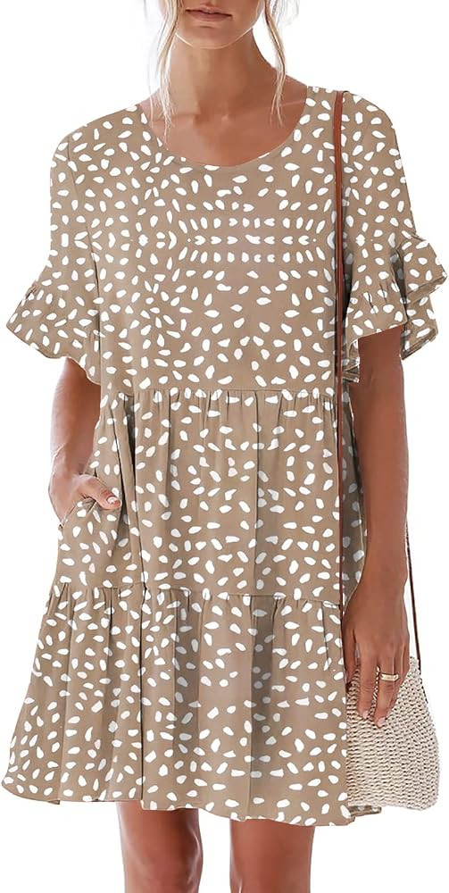 nclook Women's Summer Casual Dress Sweet & Cute V-Neck Mini Dress with Pocket Short Sleevele Ruff... | Amazon (US)