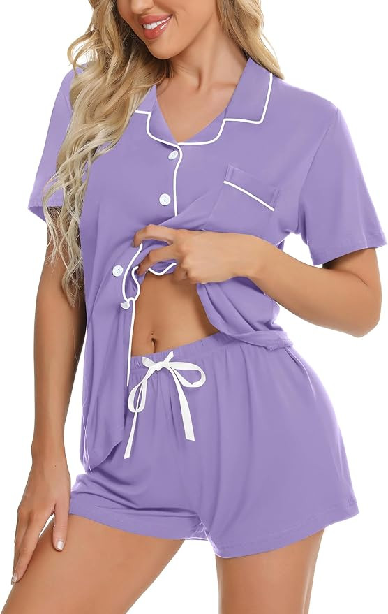 SWOMOG Womens Button Down Pajamas Set Short Sleeve Sleepwear Bride Soft Pj Lounge Sets XS-3XL | Amazon (US)