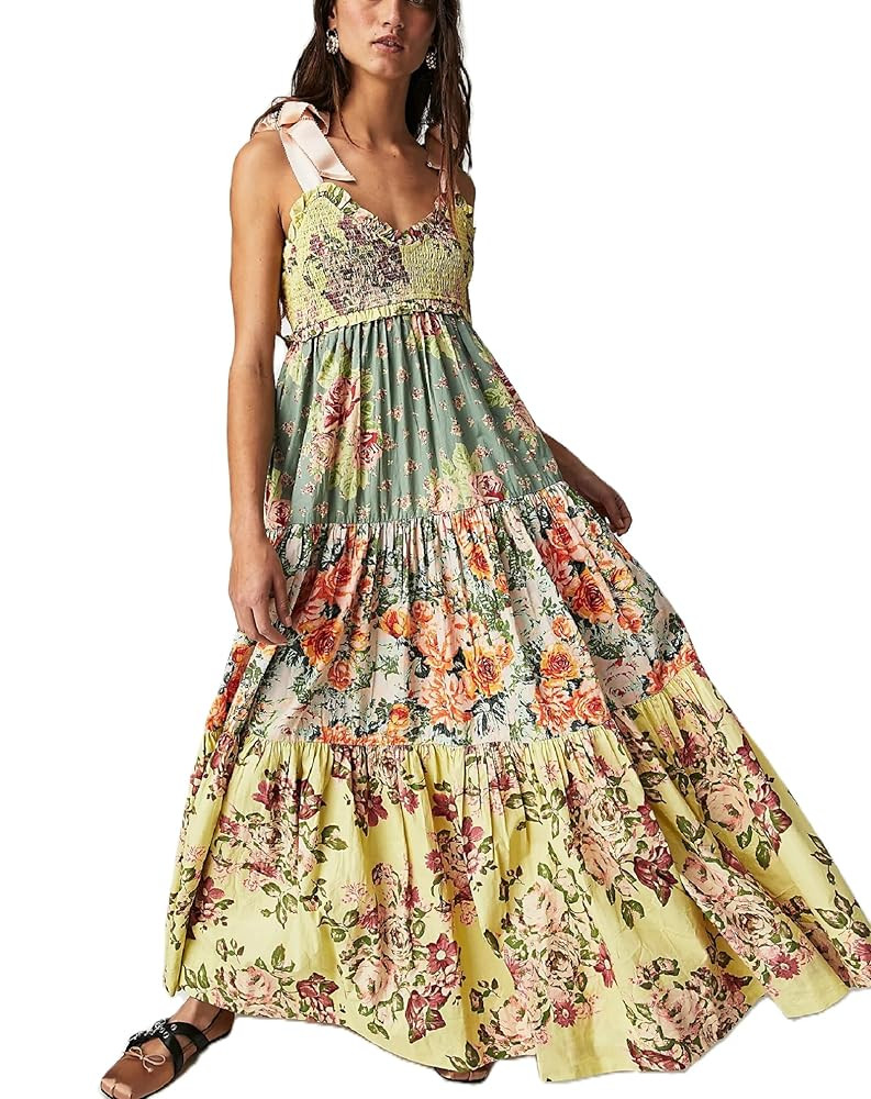 Women Summer Maxi Dress Floral Smocked Shirred Long Dress Boho Sleeveless Tie Shoulder Sundress | Amazon (US)