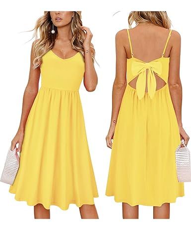 OUGES Womens Summer Backless Adjustable Spaghetti Strap Tie Back Plain Dress | Amazon (US)