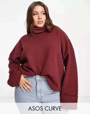 ASOS DESIGN Curve super soft roll neck sweater with cuff detail in merlot | ASOS | ASOS (Global)