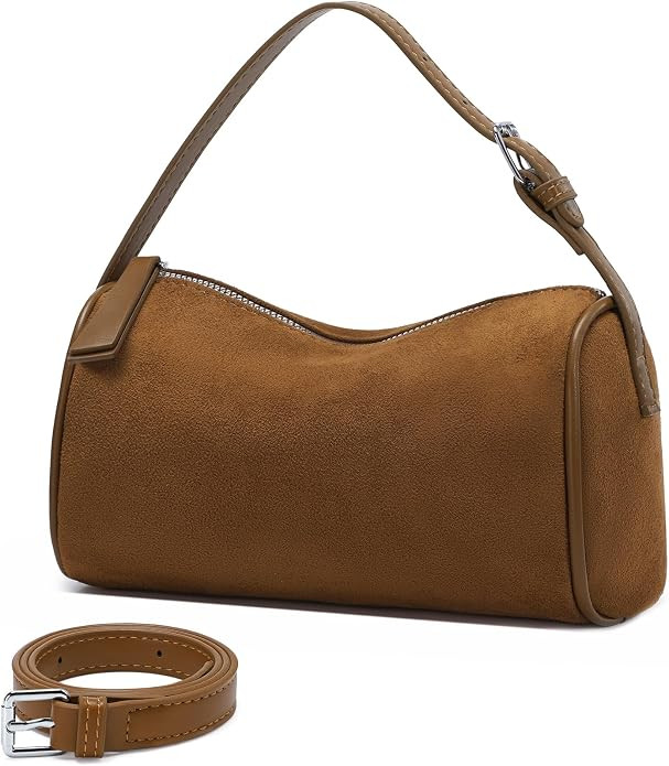 Brown Suede Hobo Bag for Women, Small Barrel Crossbody Purse with Adjustable Strap, Fall Winter S... | Amazon (US)