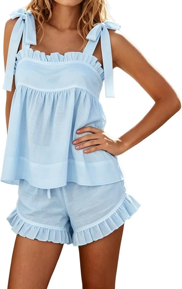 Womens Summer 2 Piece Set Sleeveless Tie Straps Ruffle Trim Top and Shorts Sets Soft Cozy Pajamas... | Amazon (US)