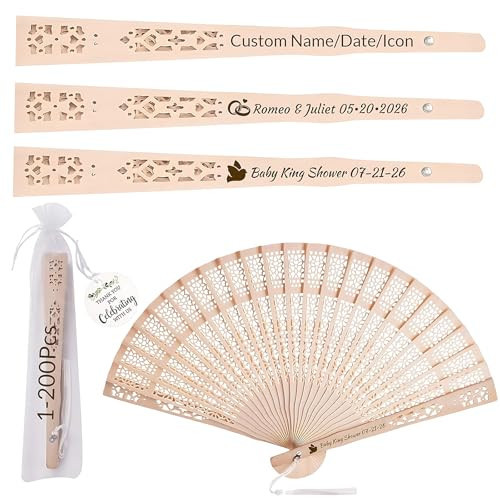 JONZIN 50Pcs Personalized Wedding Fans for Guests Bulk Custom Fan Wooden Folding Hand Engraving Name/Date for Wedding Baby Shower Party Favors | Amazon (US)