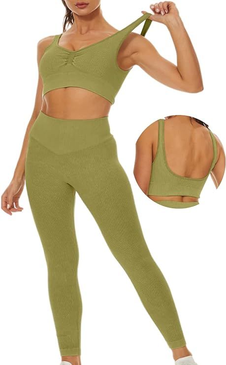 KIKIWING Workout Sets for Women 2 piece Ribbed Workout Outfits Sports Bra Zipper High Waist Leggi... | Amazon (US)