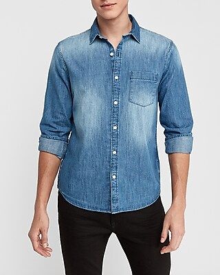 Slim Denim Button-Up Shirt Blue Men's XS | Express