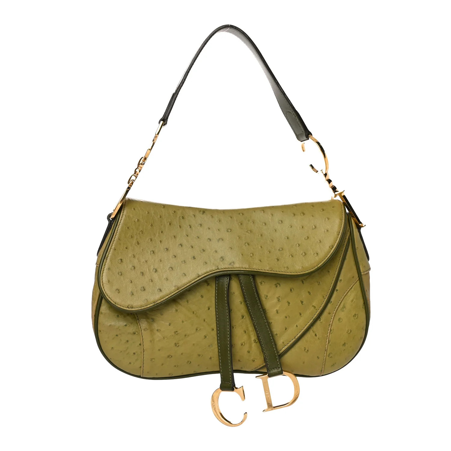 CHRISTIAN DIOR Ostrich Double Saddle Bag Green | FASHIONPHILE (US)