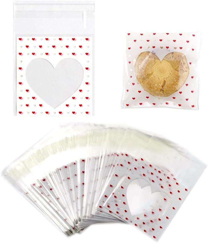 FAZHBARY 200 PCS Valentine Cellophane Bags Heart Mini Cookie Bags Self Sealing Cellophane Bags fo... | Amazon (US)