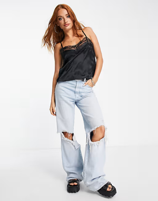 Topshop satin lace cami top in black | ASOS (Global)