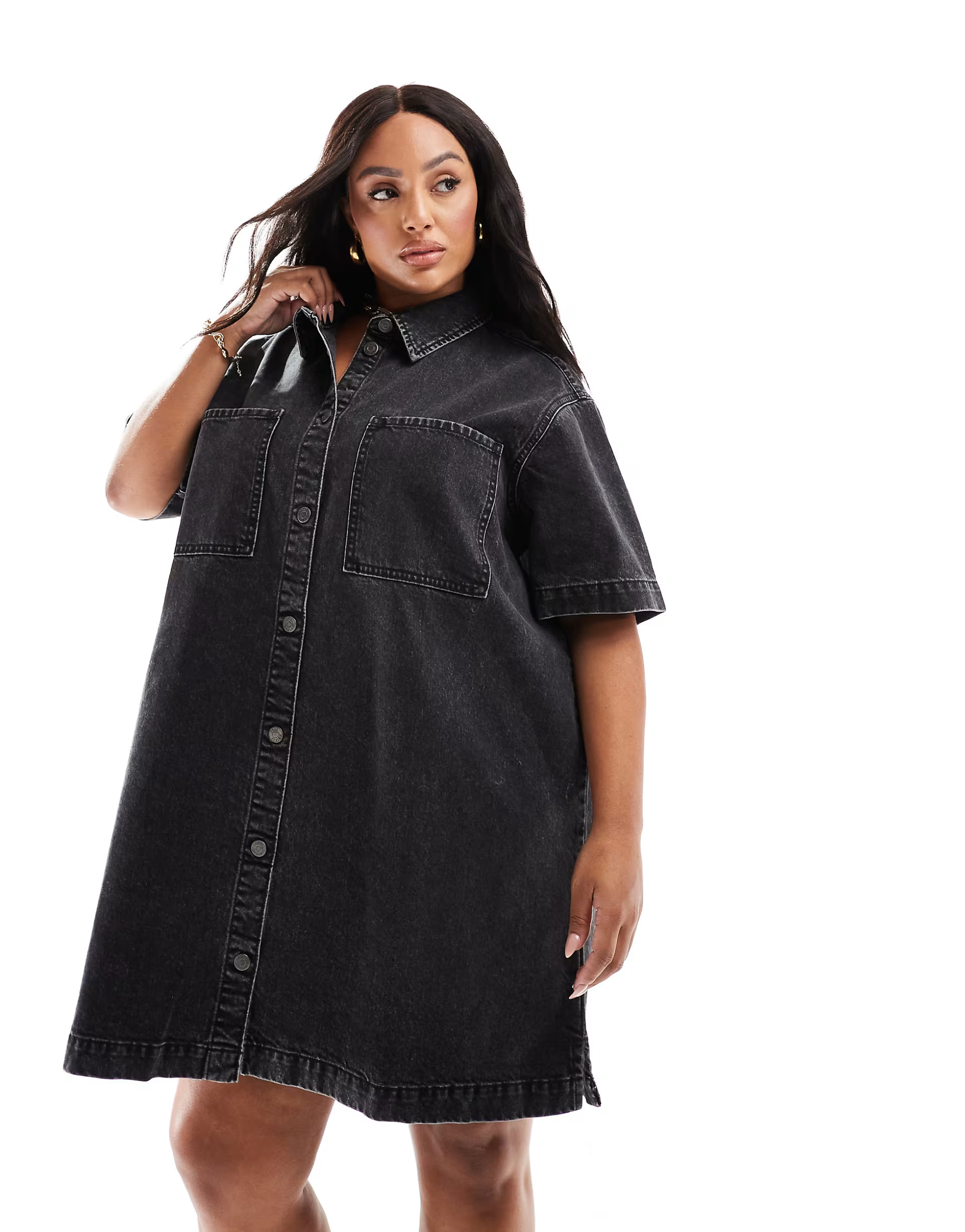 ASOS DESIGN Curve short sleeve denim shirt dress in wash black | ASOS | ASOS (Global)