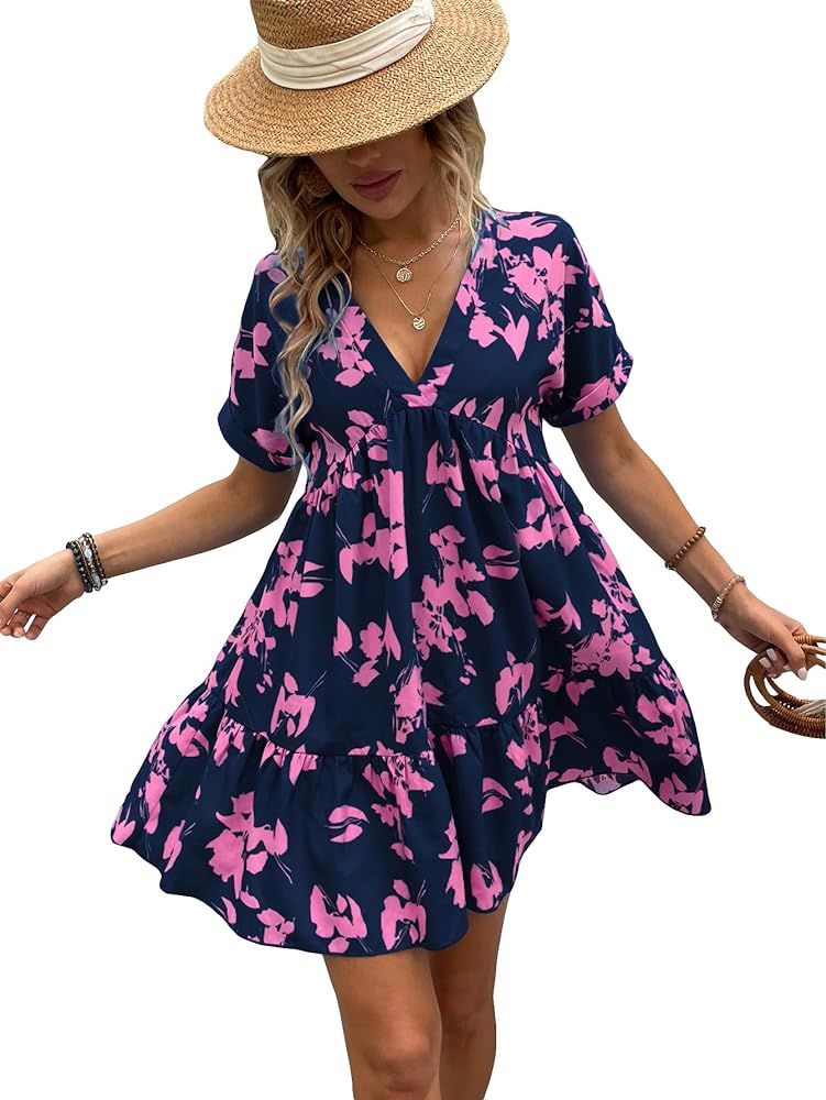 MakeMeChic Women's Boho Floral V Neck Short Sleeve High Waisted A Line Flared Short Summer Dress | Amazon (US)