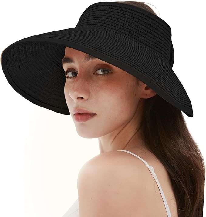 Women's Sun Visor Hats Wide Brim Straw Beach Hat Ponytail Hats for Women Foldable Floppy | Amazon (US)