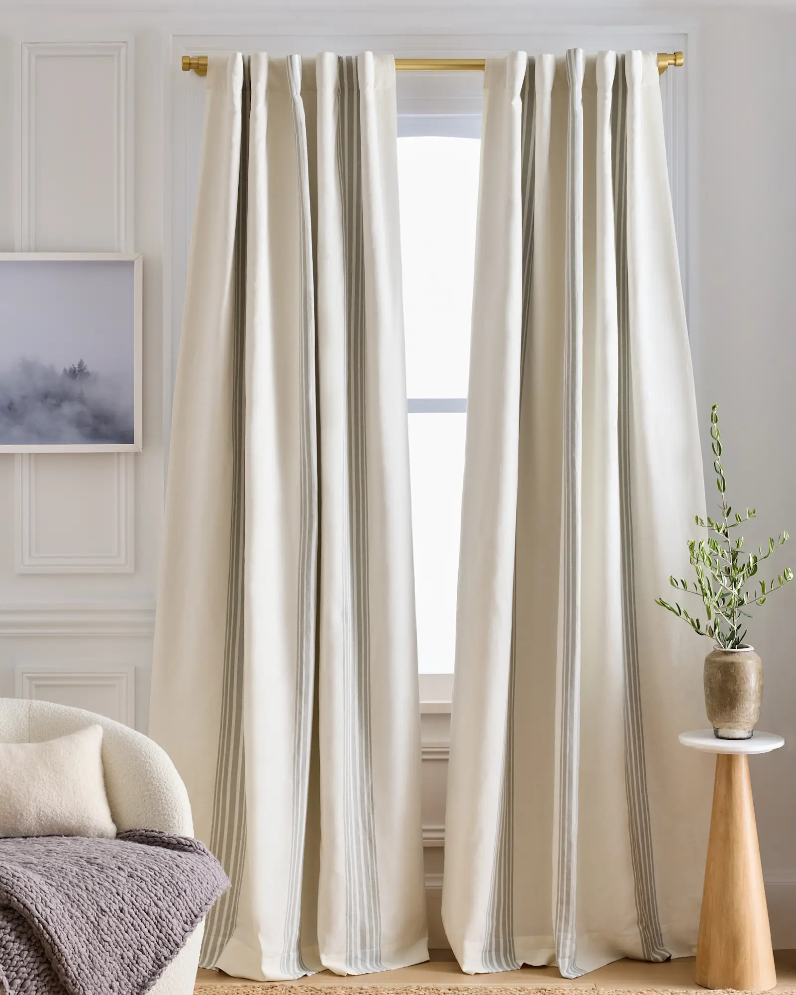 Coastal Stripe Linen/Cotton Blackout Curtain in Ivory/Sage Green | Quince