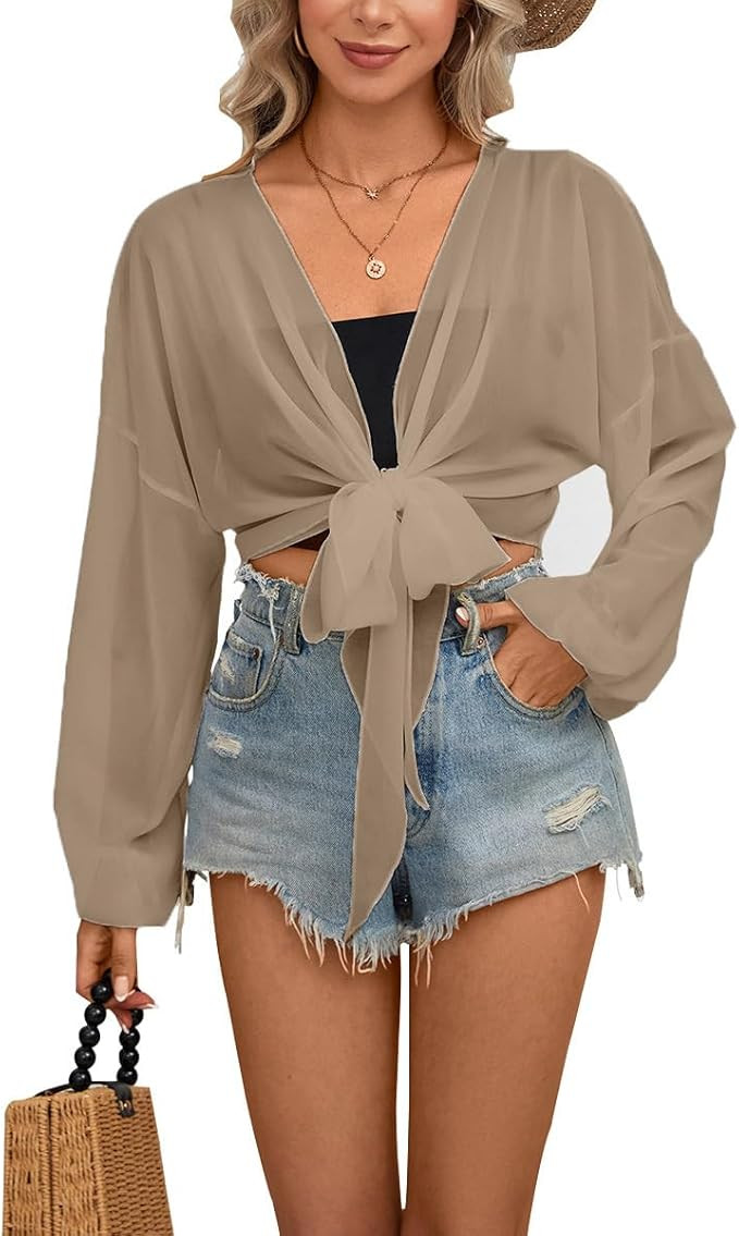 olrain Women Tie Front Beach Cove Up Chiffon Kimono Crop Top Swimming Bikini Bathing Long Sleeve ... | Amazon (US)