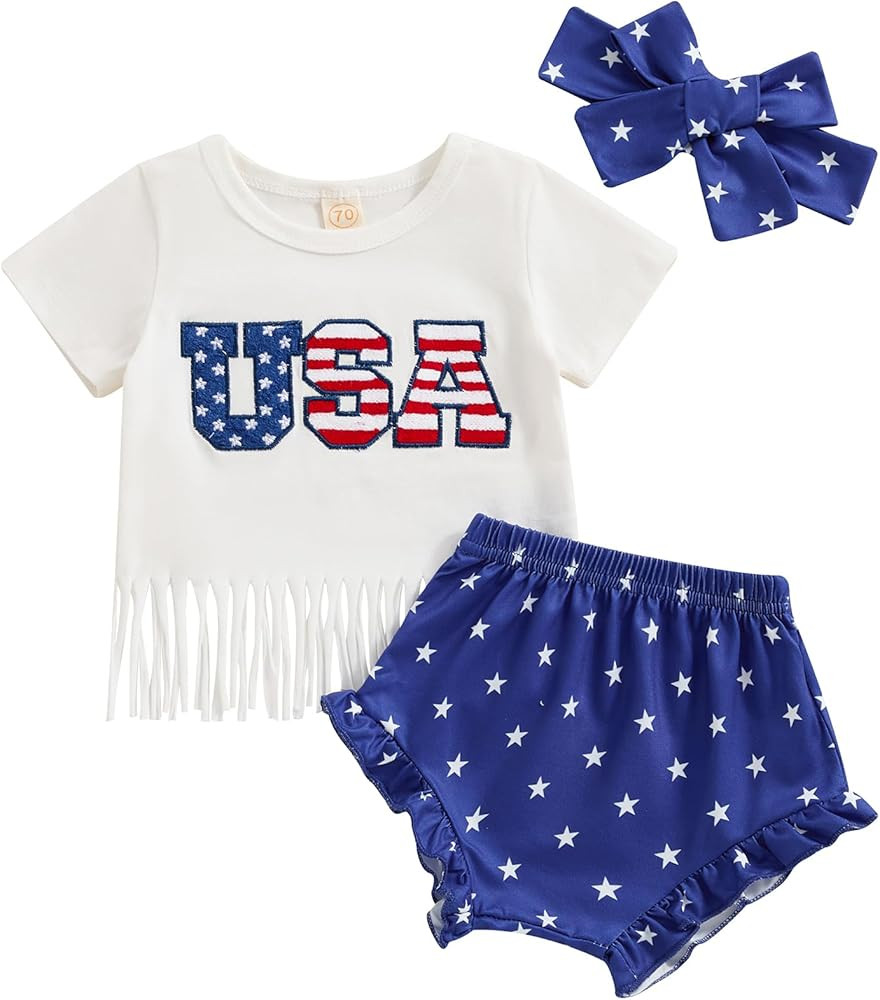 Infant 4th Of July Baby Girl Outfits USA Short Sleeve T Shirt Tassel Shorts Set Bloomers Baby Gir... | Amazon (US)