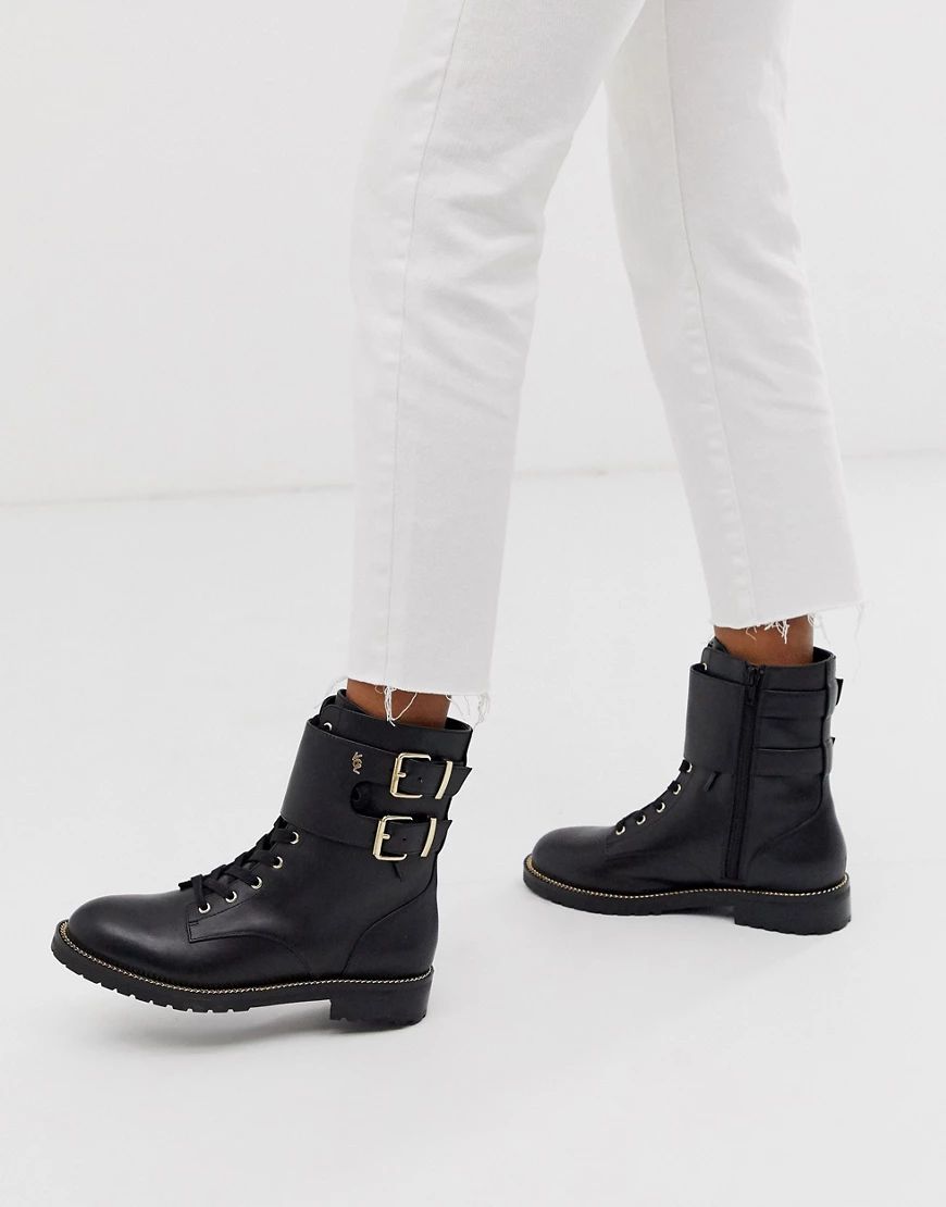 Kurt Geiger Sutton black leather lace up flat ankle boots with buckle strap detail | ASOS (Global)