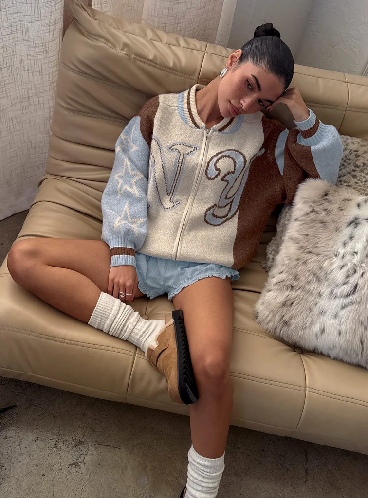Brandyce Graphic Knit Jacket Blue / Chocolate | Princess Polly US