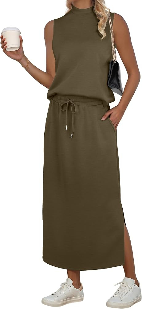 GRECERELLE Two Piece Skirt Sets for Women Sleeveless Mock Neck Top Split Maxi Skirt Vacation Trav... | Amazon (US)