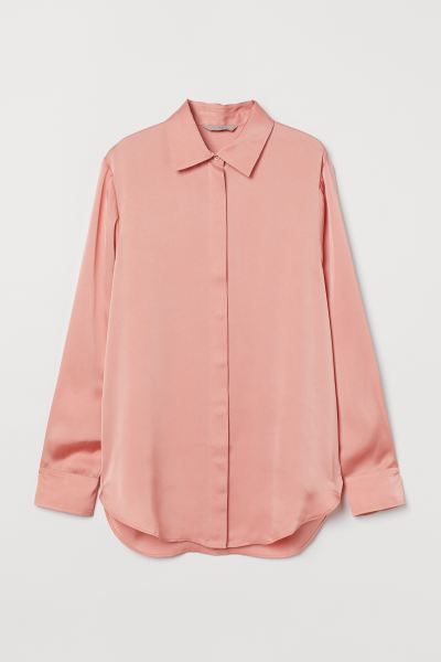 Satin shirt with a collar, concealed buttons down the front and a double-layered yoke with pleats... | H&M (UK, MY, IN, SG, PH, TW, HK)
