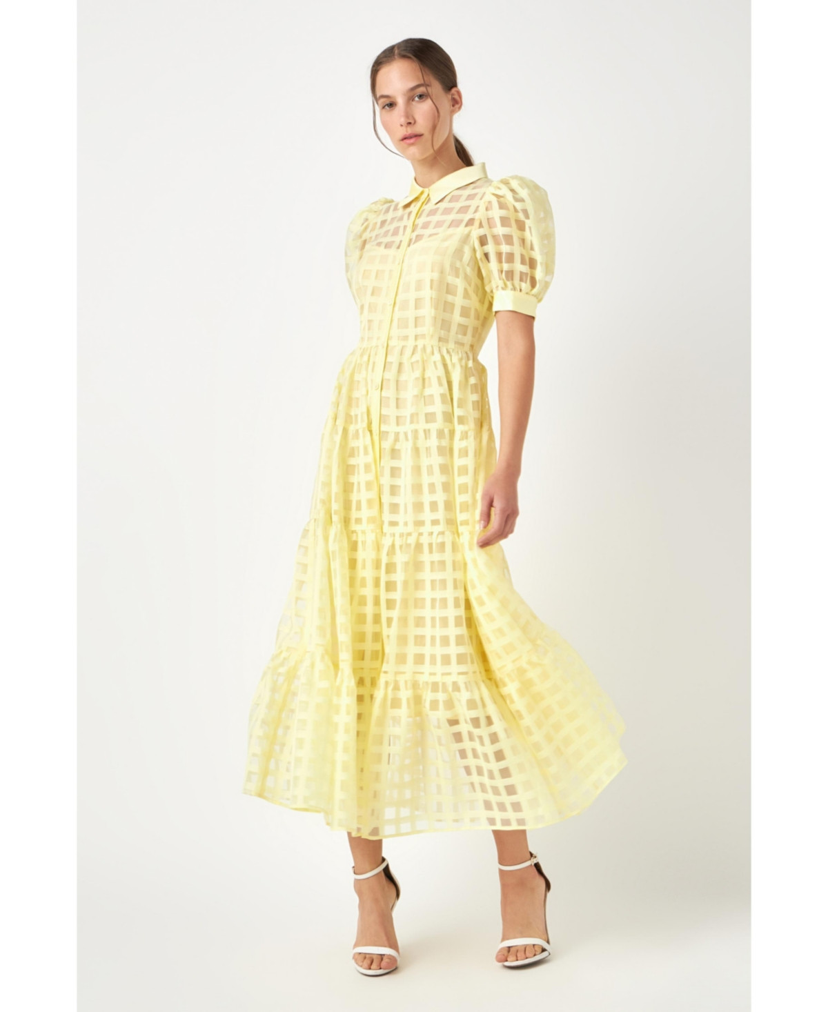 English Factory Women's Gridded Organza Tiered Maxi Dress - Light yellow | Macy's