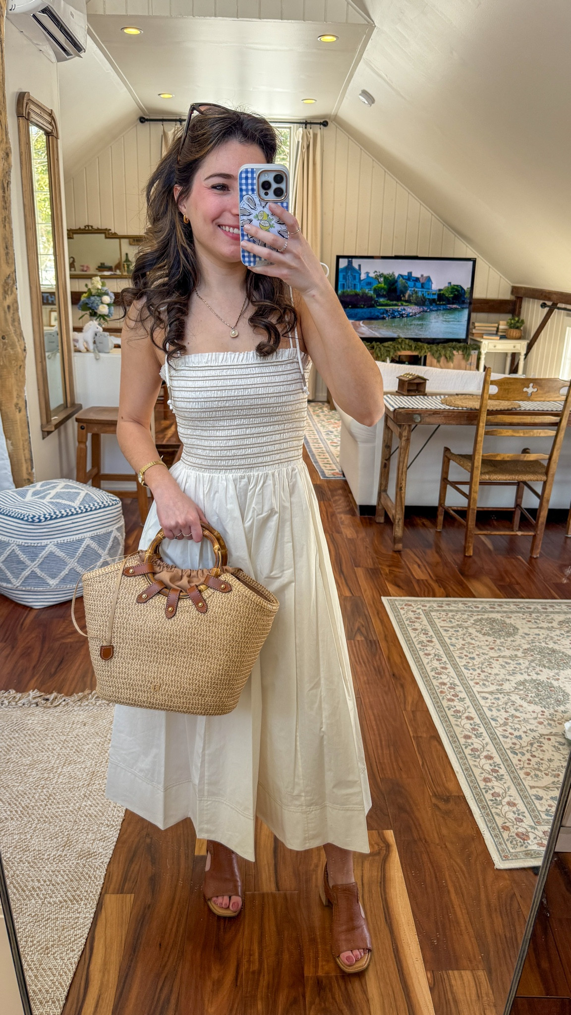 Dress from @Veronica Beard ! Wearing XS 🌊🌞🤍 I am 5 foot 3! Bag is from @Eric Javits 

coastal grandmother / coastal granddaughter / coastal fashion / summer outfit / summer outfit inspo / cute summer outfit / dainty gold watch / small gold watch / white sundress / white dress / bridal dress / bridal lunch dress / woven bag / woven summer bag / bamboo handle bag / brown mules 

#LTKootd #LTKSeasonal #LTKgrwm