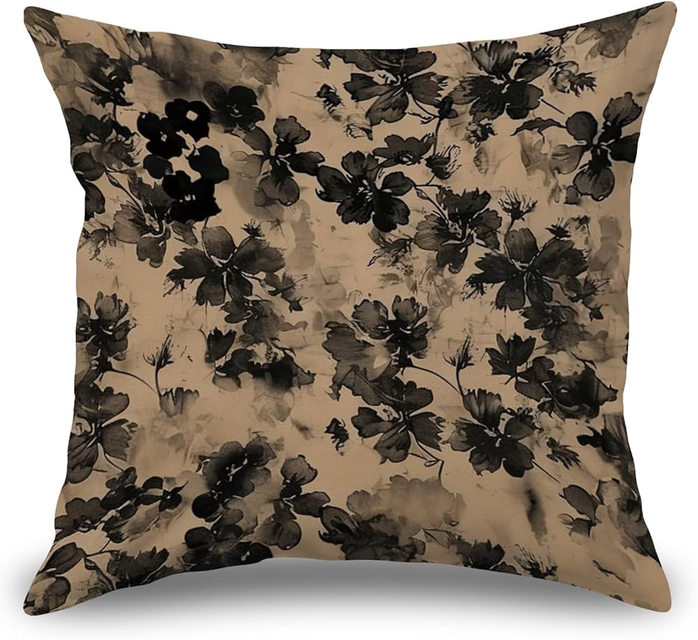 Boho Floral Throw Pillow Covers 18x18, Brown Decorative Pillow Case, Brown and Black Vintage Flor... | Amazon (US)