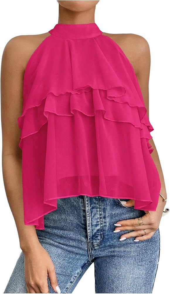 OYOANGLE Women's Layered Ruffle Hem Sleeveless Halter Chiffon Blouse Flowy Tank Tops | Amazon (US)