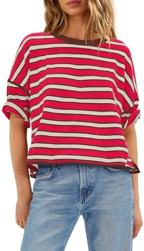 Yanekop Womens Oversized Shirts Striped Half Sleeve Tops Casual T Shirts | Crew Neck Short Sleeve... | Amazon (US)