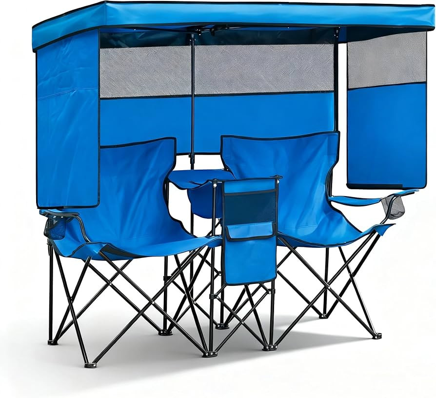 Double Beach Chair with Canopy Shade Oversized Camping Chairs with Cooler Bag Folding Loveseat fo... | Amazon (US)