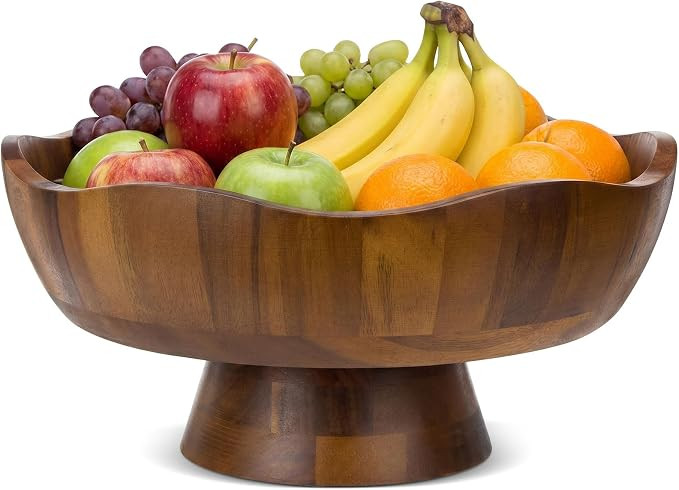12 in Scalloped Acacia Wood Fruit Bowl with Pedestal Large Decorative Serving Bowl Detachable Far... | Amazon (US)