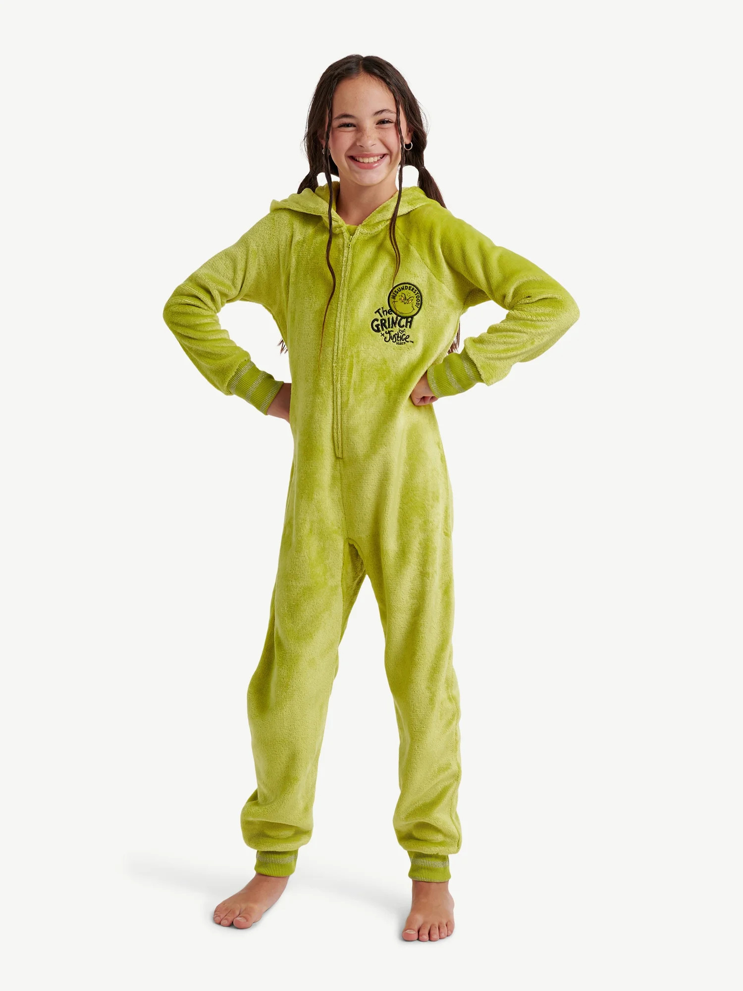 Justice Girls Grinch Hooded Full Zip Onesie Pajama, Sizes 5-18 and Plus | Walmart (US)
