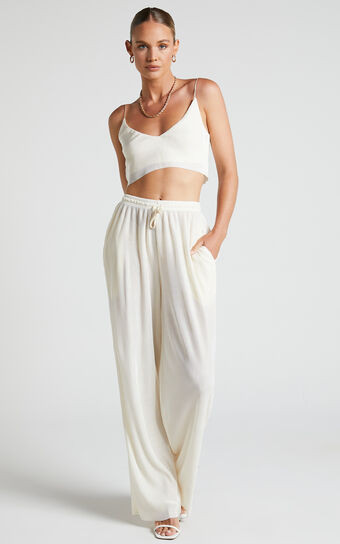 Elowen Two Piece Set - Plisse Crop Top and Relaxed Wide Leg Pants in Cream | Showpo (ANZ)