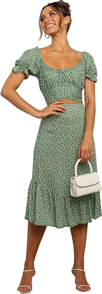 LYANER Women's 2 Piece Outfits Floral Self Tie Knot Crop Top and Midi Skirt Set | Amazon (US)