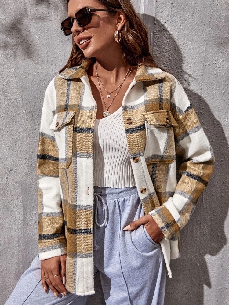 Plaid Flap Pocket Button Front Coat | SHEIN