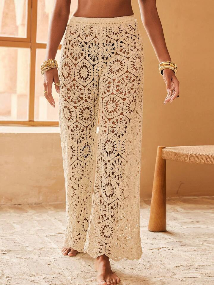 Swim Chiccia Women's New Solid Color Pants, Hollow Out Crochet Mesh Elegant Beach Resort Cover Up | SHEIN