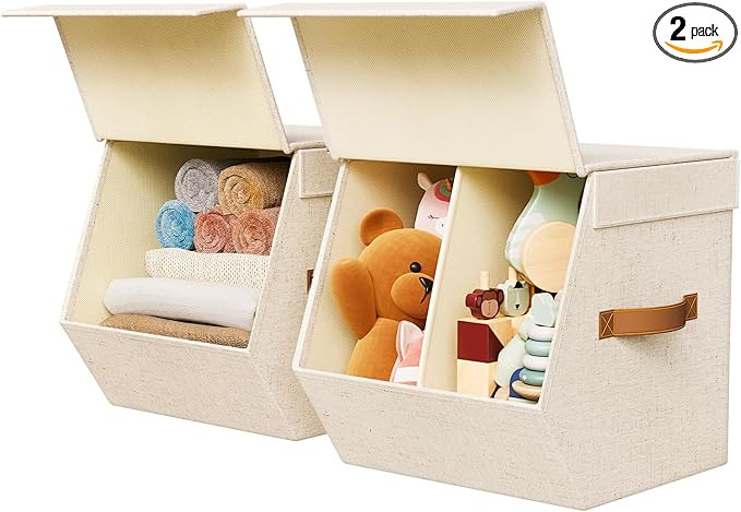 Linen Fabric Storage Bin with Magnetic Closures, Kid Toy Organizer and Storage with Removable Div... | Amazon (US)