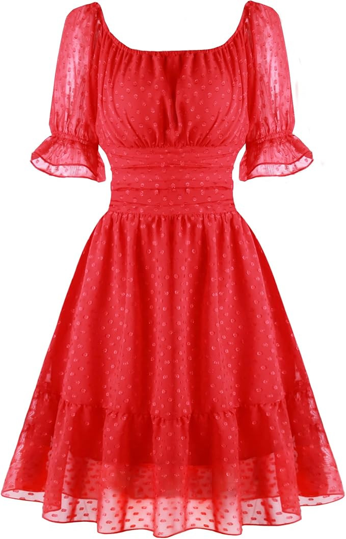 tagunop Women's Summer Casual Dress Smocked Square Neck Mini Dresses Ruffle Short Sleeve Sundress | Amazon (US)