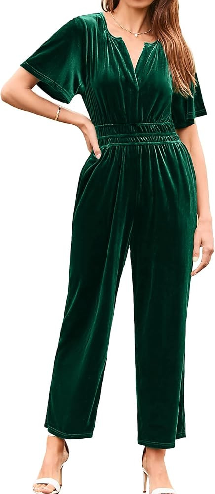 Simplee Womens Short Sleeve Wide Leg Velvet Jumpsuit Dressy V Neck Elastic Waist Formal Jumpsuits... | Amazon (US)