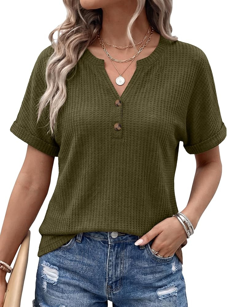 Womens Short Sleeve Tops V Neck Casual Tops for Women Summer Henley Shirts 2026 Trendy Tee Shirts... | Amazon (US)