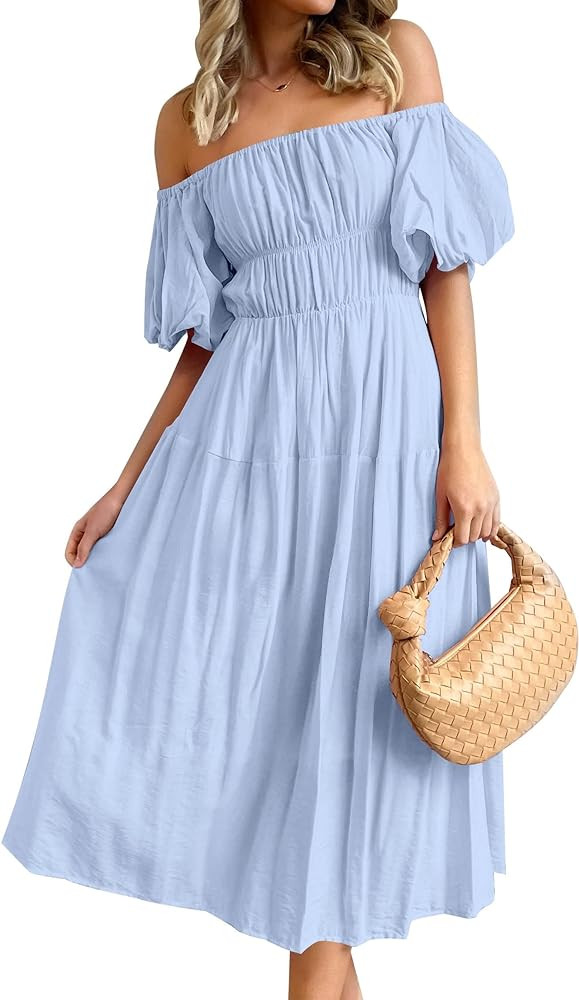 ZESICA Women's 2024 Sexy Boho Off Shoulder Puff Short Sleeve High Waist Ruffled Flowy A Line Beac... | Amazon (US)