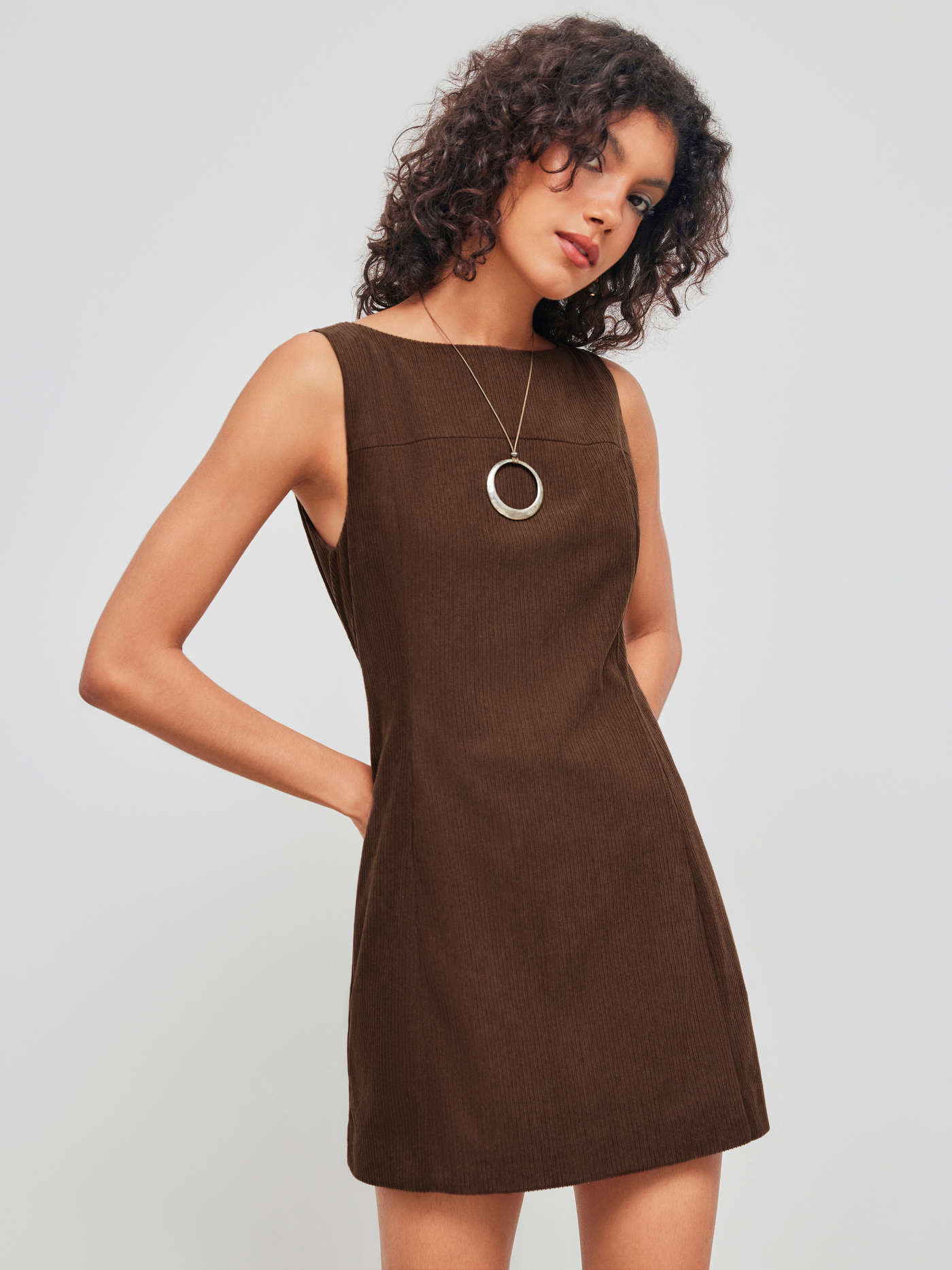 Corduroy Corduroy Boat Neck Solid Zipper Mini Dress For Holiday | Cider