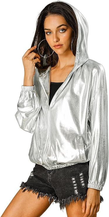 Allegra K Women's Holographic Party Shimmering Shiny Lightweight Zipper Hooded Metallic Jacket | Amazon (US)