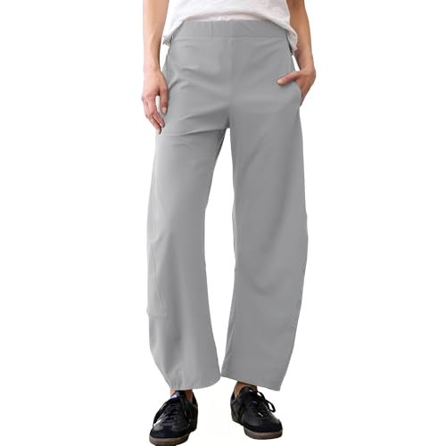 SeeLuNa Women Barrel Travel Pants Elastic Waistband Tapered Leg Baggy Mid Rise Work Trousers Lounge Pant with Pockets(Light-Gray,XL) | Amazon (US)